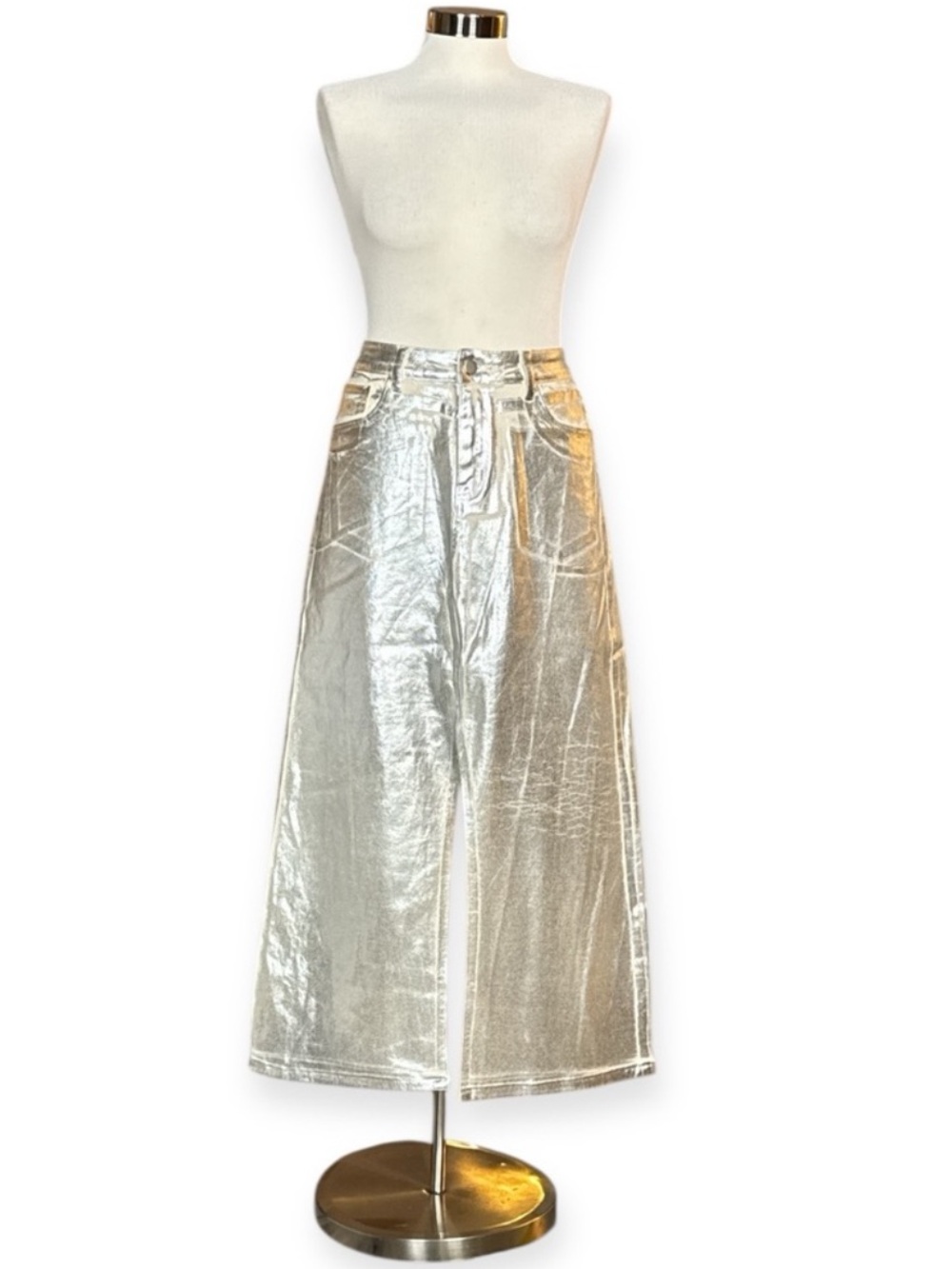 ELEVEN22 SILVER METTALIC COATED DENIM MAXI SKIRT HIGH SLIT Y2K FUTURISTIC GLAM - Picture 2 of 12